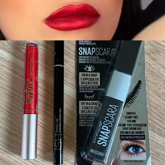 3 Items - Metallic Red Lip Gloss, Maybelline Mascara, and ISH Winged Liner - Picture 1 of 11